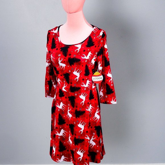 NWT SBS Fashion | Red & Black Holiday Trees Long-Sleeve A-Line Dress - M - Picture 2 of 5